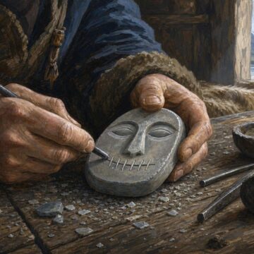 Loki, Norse Mythology: From Ally to Enemy of the Gods Illustration of a craftsperson carving a stitched-lip face into a soapstone hearthstone in a timber workshop.
