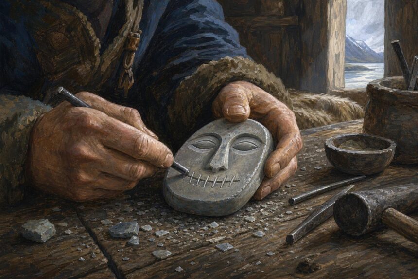 Illustration of a craftsperson carving a stitched-lip face into a soapstone hearthstone in a timber workshop.