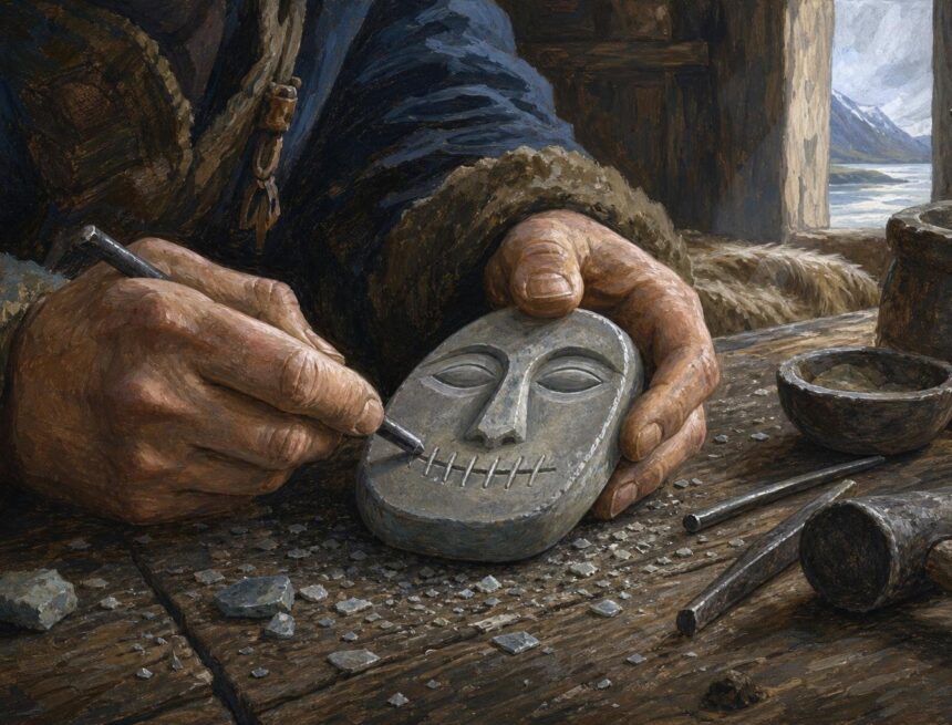 Illustration of a craftsperson carving a stitched-lip face into a soapstone hearthstone in a timber workshop.