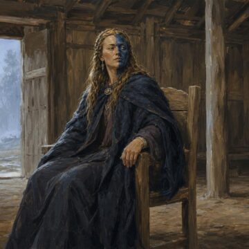 Hel Norse Mythology: Why Baldr Stays Among the Dead Illustration of a female ruler with a half-pale, half-dark face seated in a shadowy timber hall.