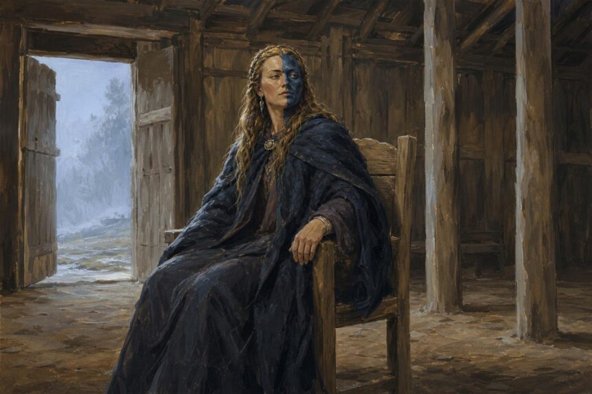 Illustration of a female ruler with a half-pale, half-dark face seated in a shadowy timber hall.