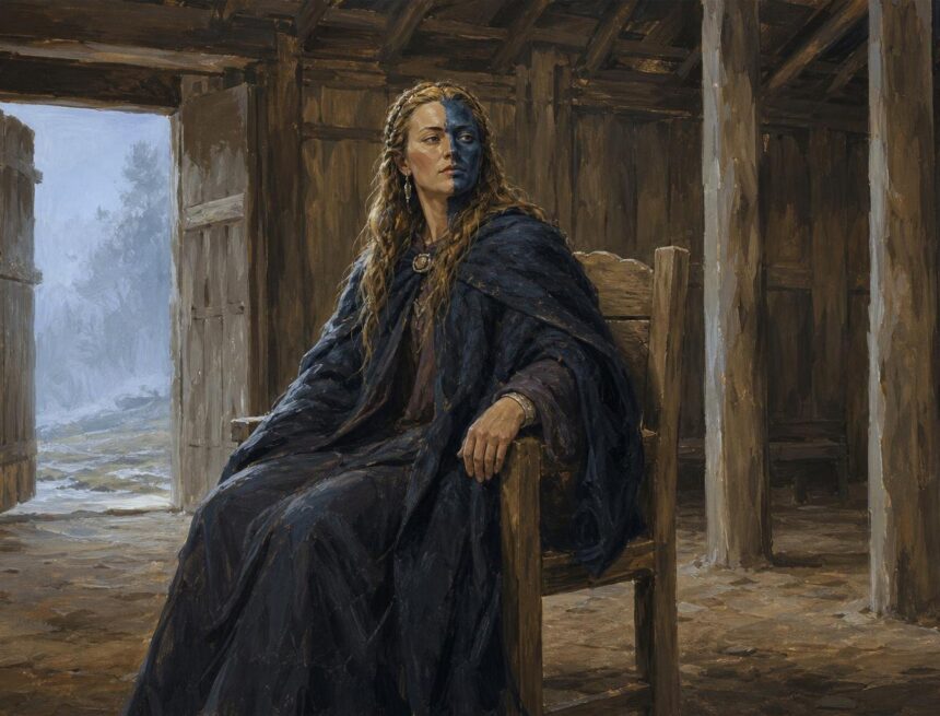 Illustration of a female ruler with a half-pale, half-dark face seated in a shadowy timber hall.