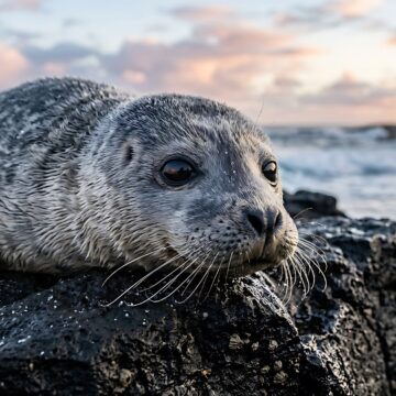 Selkie Mythology: A Stolen Sealskin Between Two Worlds A seal pup rests on dark coastal rocks beside rolling waves under a pink and blue sunset sky.