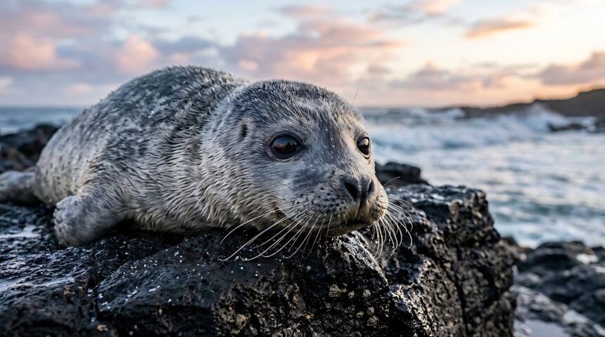 A seal pup rests on dark coastal rocks beside rolling waves under a pink and blue sunset sky.