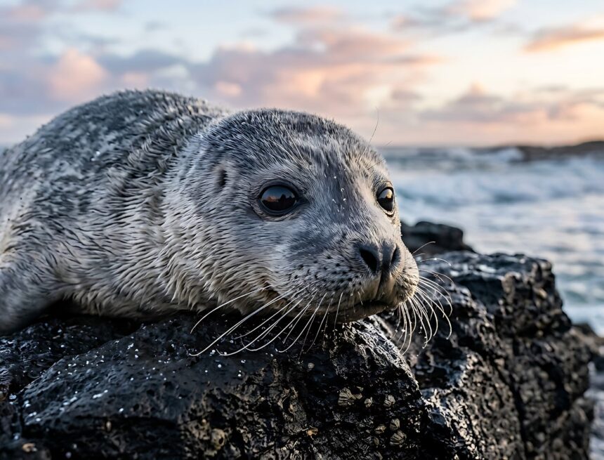 A seal pup rests on dark coastal rocks beside rolling waves under a pink and blue sunset sky.