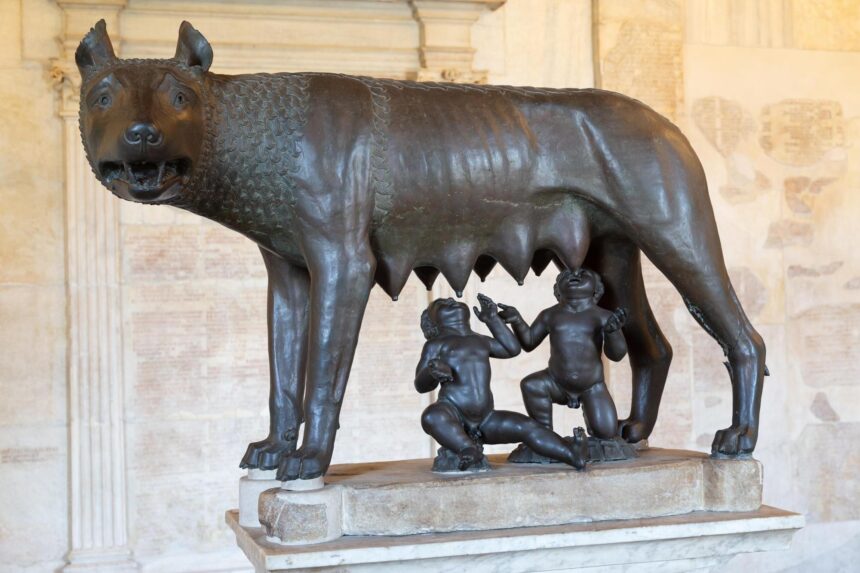 Inside Roman Mythology: Greek Gods, Roman Ambitions Bronze sculpture of a she-wolf nursing two infants on a stone pedestal.