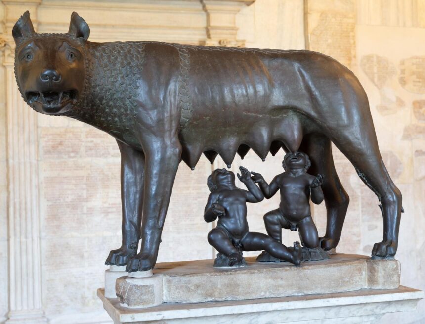 Bronze sculpture of a she-wolf nursing two infants on a stone pedestal.