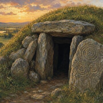 Illustration of a grassy burial mound with a dark stone entrance and weathered spiral carvings.
