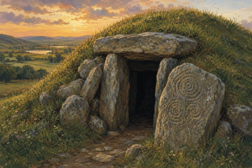 Illustration of a grassy burial mound with a dark stone entrance and weathered spiral carvings.