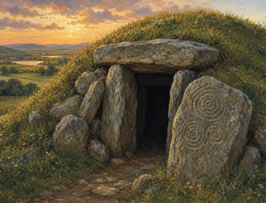 Illustration of a grassy burial mound with a dark stone entrance and weathered spiral carvings.