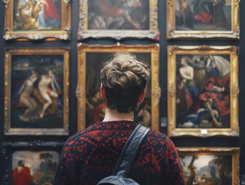 Famous Renaissance Paintings: Figures That Feel Real A visitor studies figurative paintings in ornate gold frames on a dark museum gallery wall.