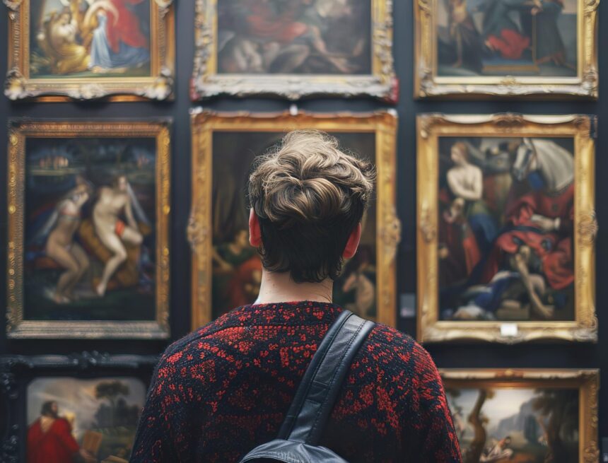 A visitor studies figurative paintings in ornate gold frames on a dark museum gallery wall.