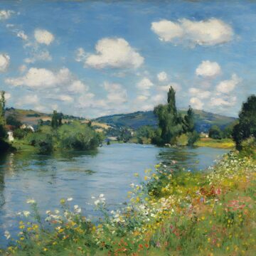 How Famous Impressionist Paintings Reframed Daily Life Impressionist painting of a river bordered by tall trees and a sunlit meadow of wildflowers.
