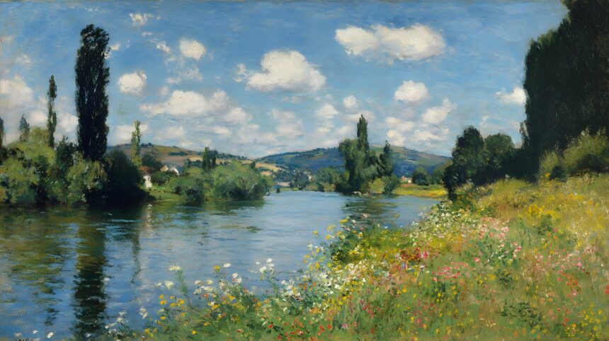 Impressionist painting of a river bordered by tall trees and a sunlit meadow of wildflowers.
