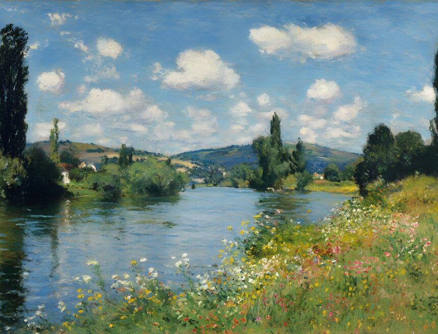 How Famous Impressionist Paintings Reframed Daily Life Impressionist painting of a river bordered by tall trees and a sunlit meadow of wildflowers.