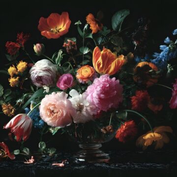 When Famous Flower Paintings Expanded Beyond the Vase Colorful flowers arranged in a glass vase against a dark background in a Dutch-style still life painting.
