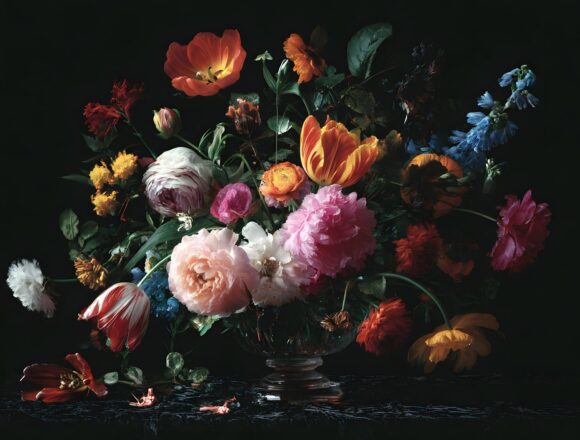 Colorful flowers arranged in a glass vase against a dark background in a Dutch-style still life painting.
