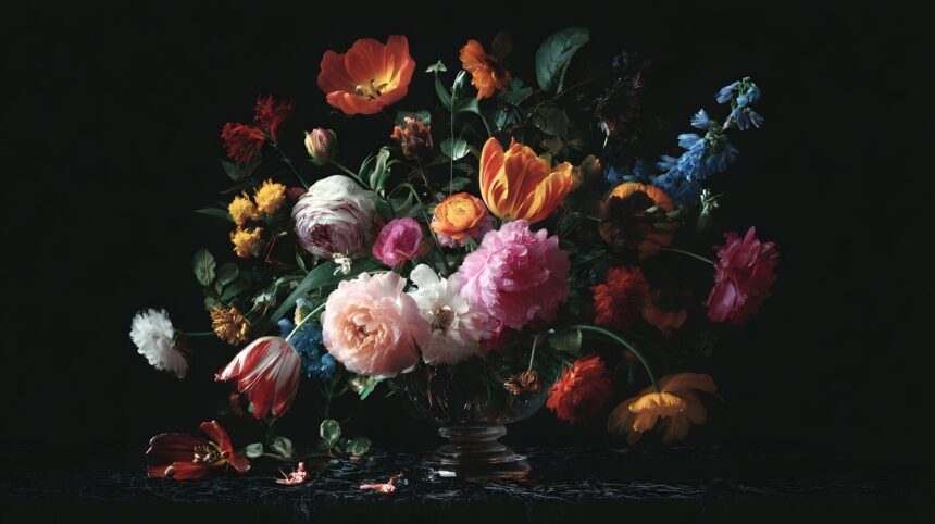 When Famous Flower Paintings Expanded Beyond the Vase Colorful flowers arranged in a glass vase against a dark background in a Dutch-style still life painting.