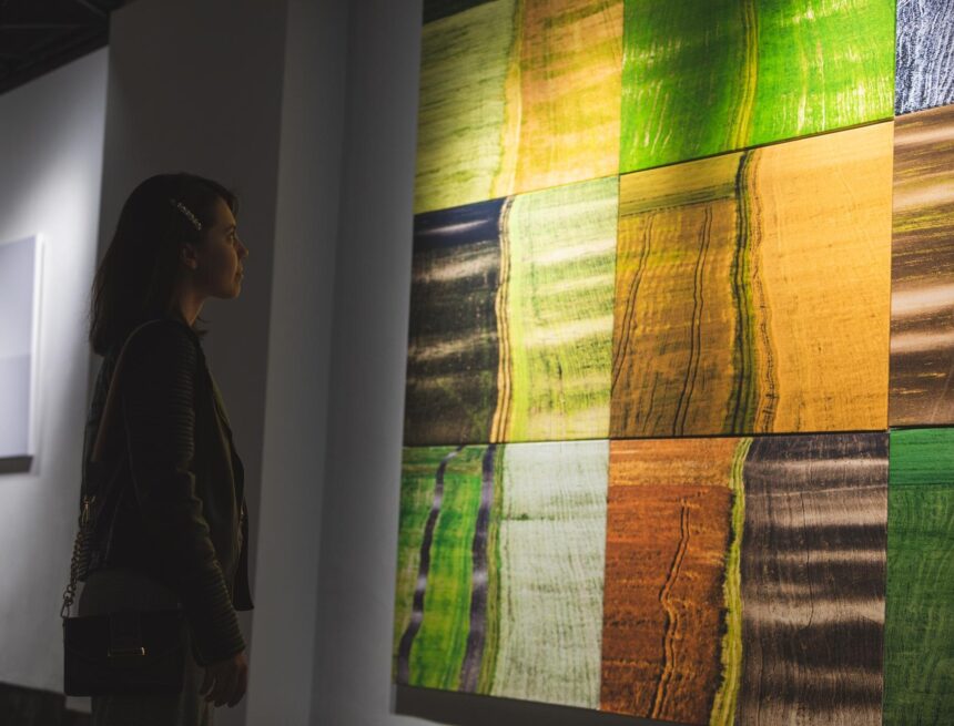 Why Famous Abstract Paintings Became Public Arguments A woman studies a large abstract painting with green, yellow, orange and dark rectangular blocks in a gallery.