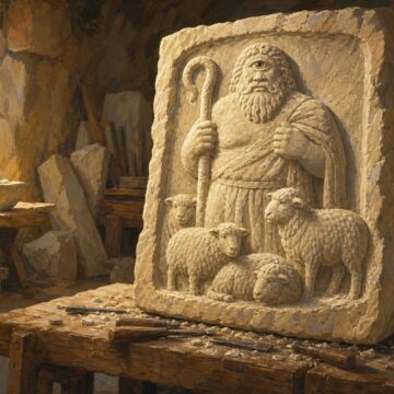 Cyclops Greek Mythology: Divine Smiths and Man-Eaters Illustration of a stone workshop with a carved relief of a one-eyed shepherd and sheep on a bench.