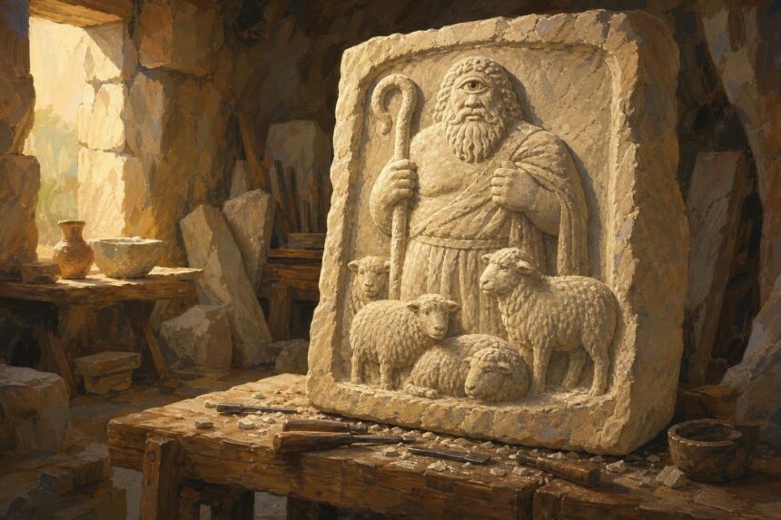 Illustration of a stone workshop with a carved relief of a one-eyed shepherd and sheep on a bench.