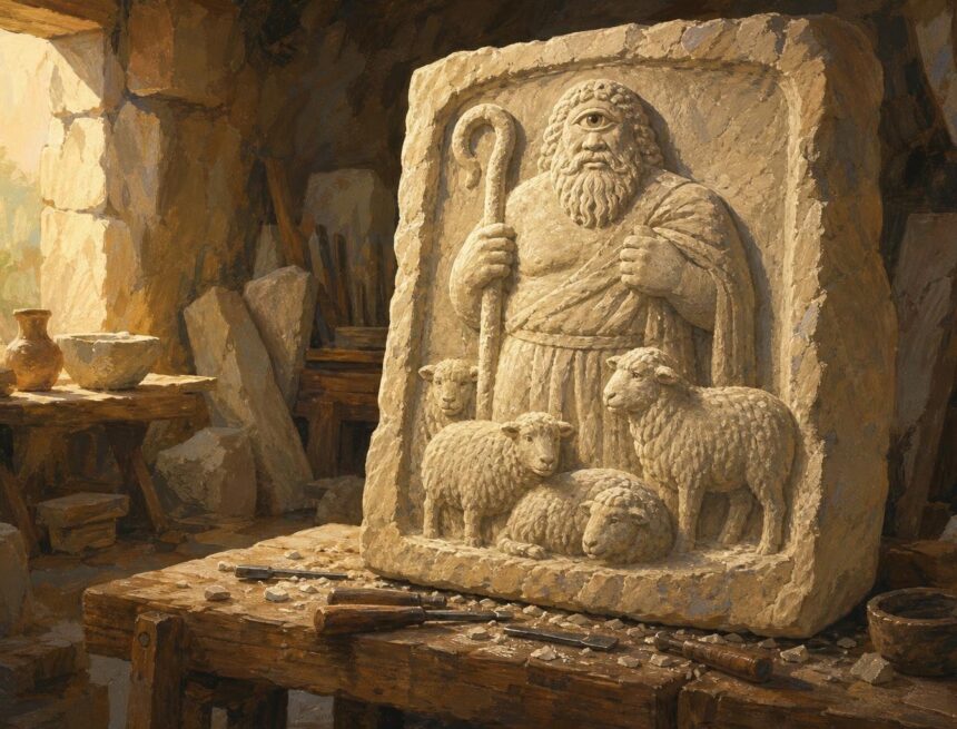 Cyclops Greek Mythology: Divine Smiths and Man-Eaters Illustration of a stone workshop with a carved relief of a one-eyed shepherd and sheep on a bench.