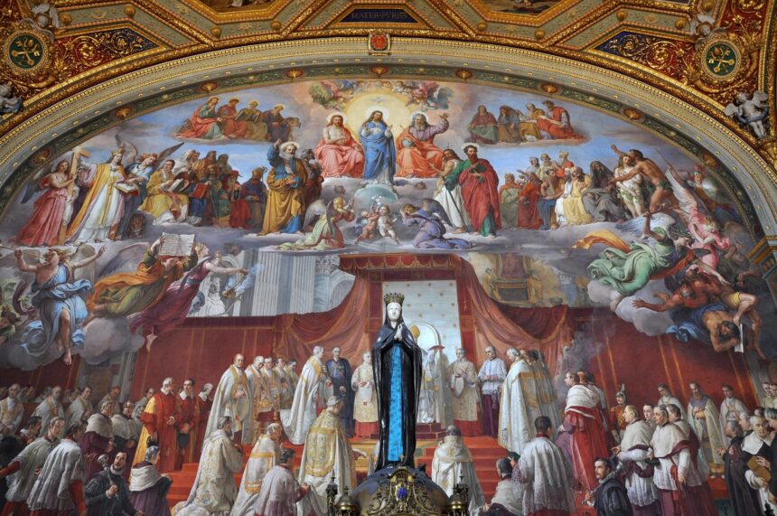 Reading Famous Religious Paintings Through Gesture Religious fresco with angels and gathered figures beneath an ornate gilded arch in the Vatican's Raphael Rooms.