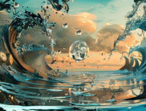 Decoding Famous Surrealist Paintings: Impossible Objects Surreal landscape with distorted clocks, swirling water and floating spheres beneath a golden sky.