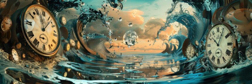 Surreal landscape with distorted clocks, swirling water and floating spheres beneath a golden sky.
